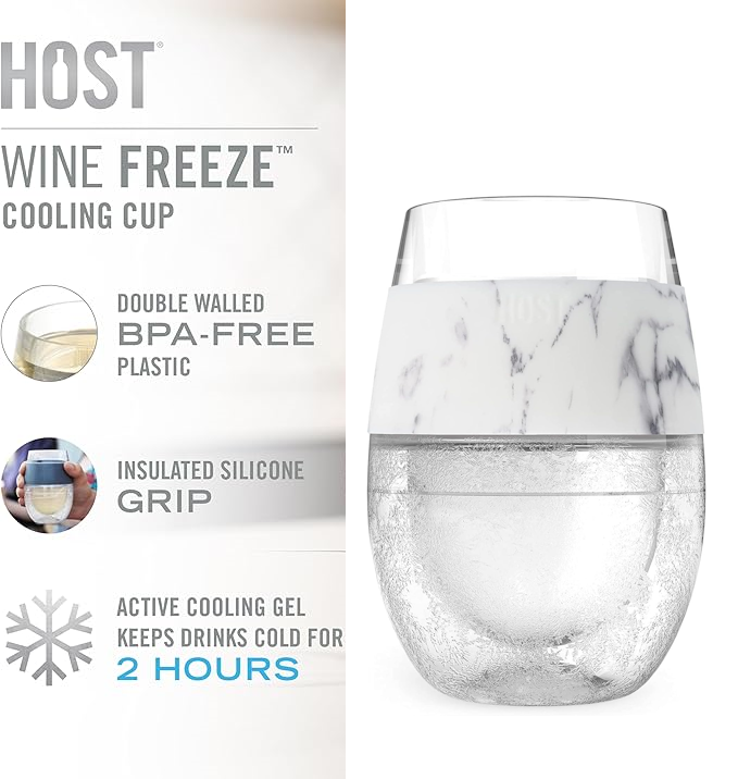 Wine Freeze Cup Set of 2 - Plastic Double Wall Insulated Wine Cooling Freezable Drink Glasses with Freezing Gel, Wine Glass Gift for Red and White Wine, 8.5 Oz Marble