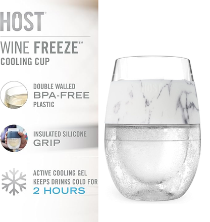 Wine Freeze Cup Set of 2 - Plastic Double Wall Insulated Wine Cooling Freezable Drink Glasses with Freezing Gel, Wine Glass Gift for Red and White Wine, 8.5 Oz Marble