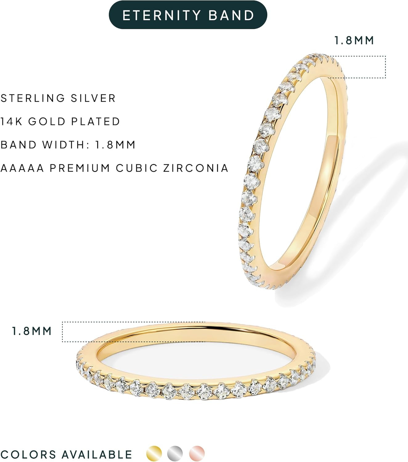 Gold Plated Solid 925 Sterling Silver CZ Simulated Diamond Stackable Ring Eternity Bands for Women