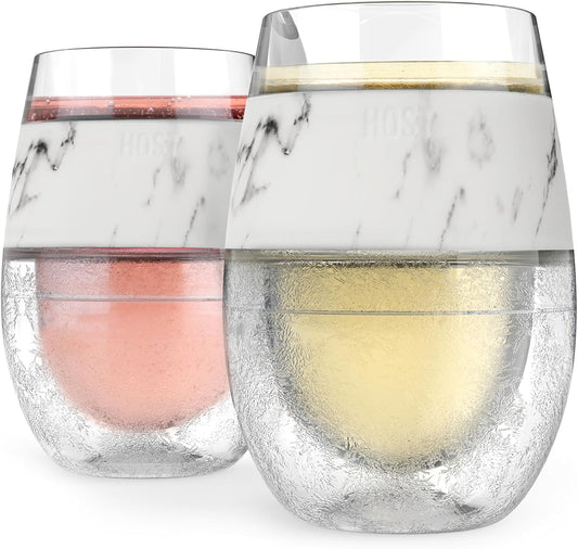 Wine Freeze Cup Set of 2 - Plastic Double Wall Insulated Wine Cooling Freezable Drink Glasses with Freezing Gel, Wine Glass Gift for Red and White Wine, 8.5 Oz Marble